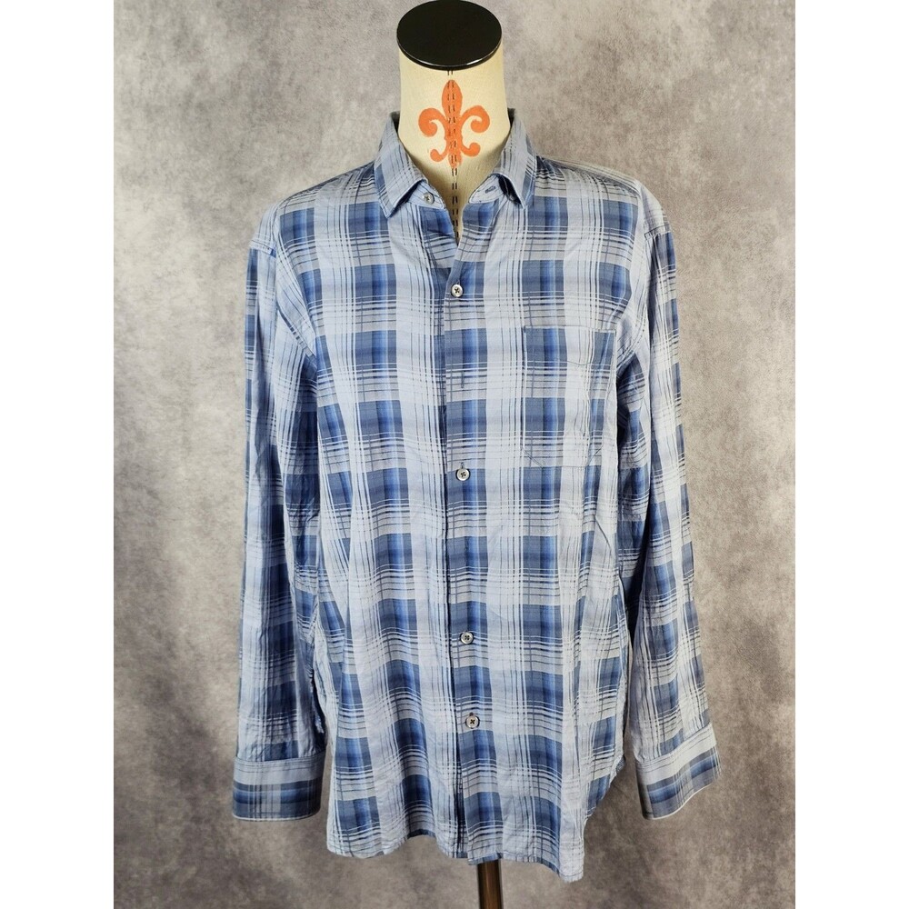 Tommy Bahama Cotton Silk Long Sleeve Shirt Mens M Button Up Blue Plaid EUC